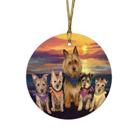 Family Sunset Portrait Australian Terriers Dog Round Flat Christmas Ornament RFPOR52469
