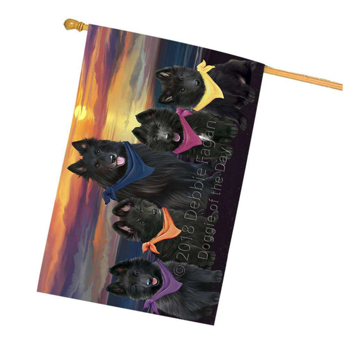 Family Sunset Portrait Belgian Shepherds Dog House Flag FLG50252