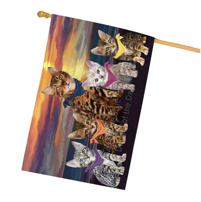 Family Sunset Portrait Bengal Cats House Flag FLG52560