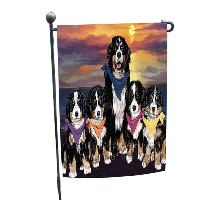 Family Sunset Portrait Bernese Mountain Dogs Garden Flag GFLG50117