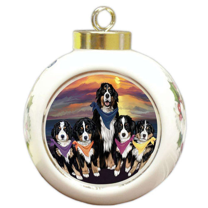 Family Sunset Portrait Bernese Mountain Dogs Round Ball Christmas Ornament RBPOR50230