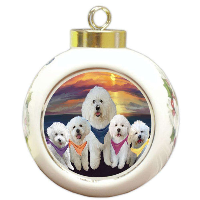 Family Sunset Portrait Bichon Frises Dog Round Ball Christmas Ornament RBPOR50231