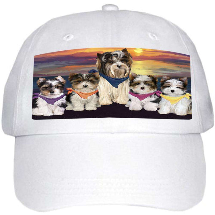 Family Sunset Portrait Biewer Terriers Dog Ball Hat Cap HAT61173