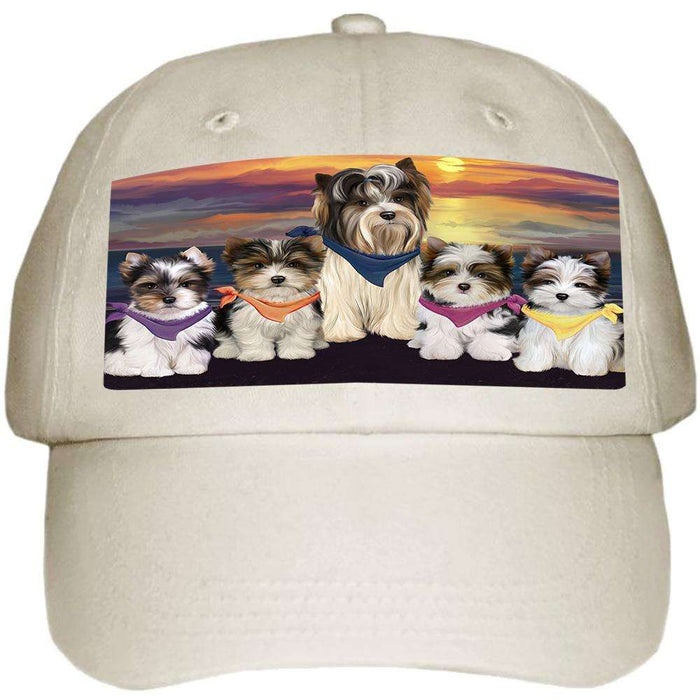 Family Sunset Portrait Biewer Terriers Dog Ball Hat Cap HAT61173