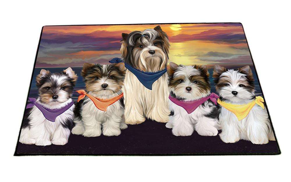Family Sunset Portrait Biewer Terriers Dog Floormat FLMS51729