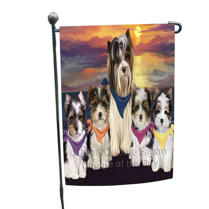 Family Sunset Portrait Biewer Terriers Dog Garden Flag GFLG52425