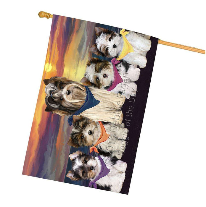 Family Sunset Portrait Biewer Terriers Dog House Flag FLG52561