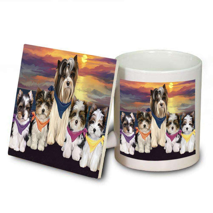 Family Sunset Portrait Biewer Terriers Dog Mug and Coaster Set MUC52472