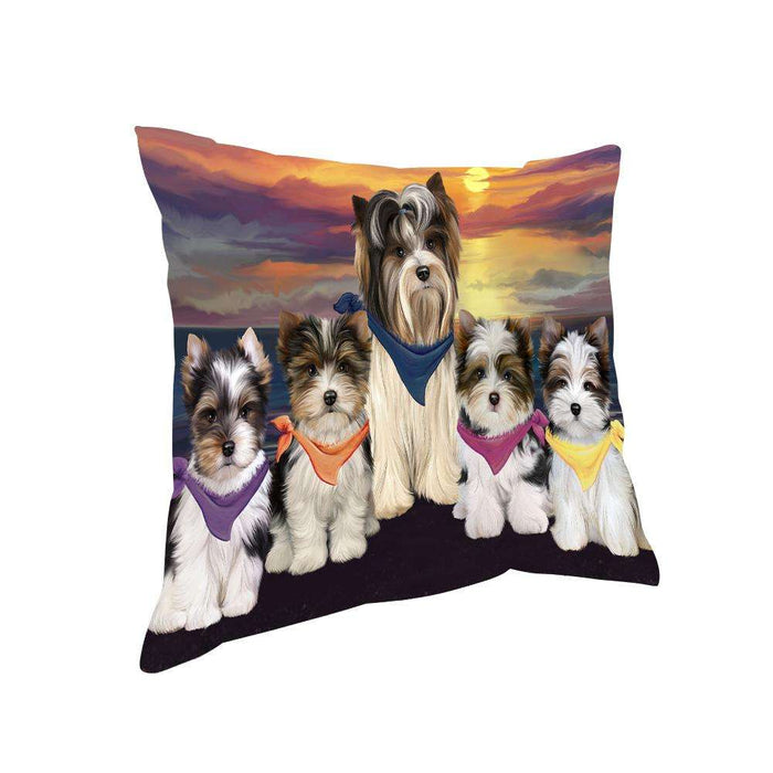 Family Sunset Portrait Biewer Terriers Dog Pillow PIL66076
