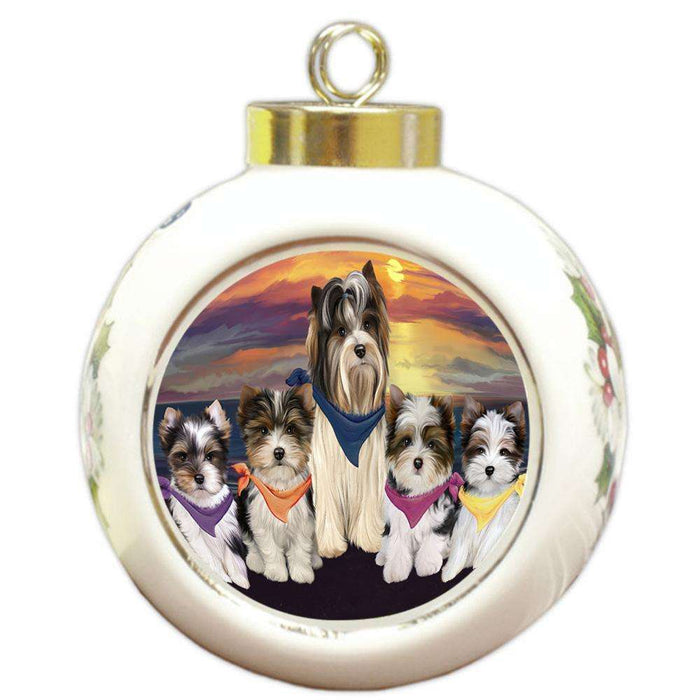 Family Sunset Portrait Biewer Terriers Dog Round Ball Christmas Ornament RBPOR52480