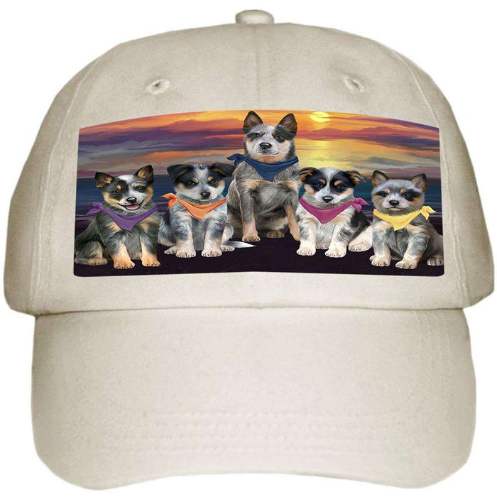 Family Sunset Portrait Blue Heelers Dog Ball Hat Cap HAT61179