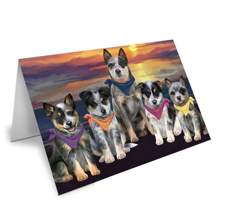 Family Sunset Portrait Blue Heelers Dog Handmade Artwork Assorted Pets Greeting Cards and Note Cards with Envelopes for All Occasions and Holiday Seasons GCD61475