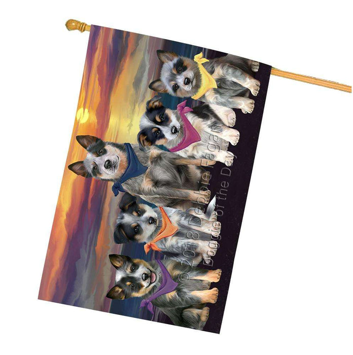 Family Sunset Portrait Blue Heelers Dog House Flag FLG52563