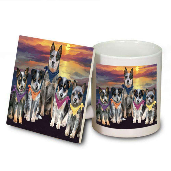 Family Sunset Portrait Blue Heelers Dog Mug and Coaster Set MUC52474