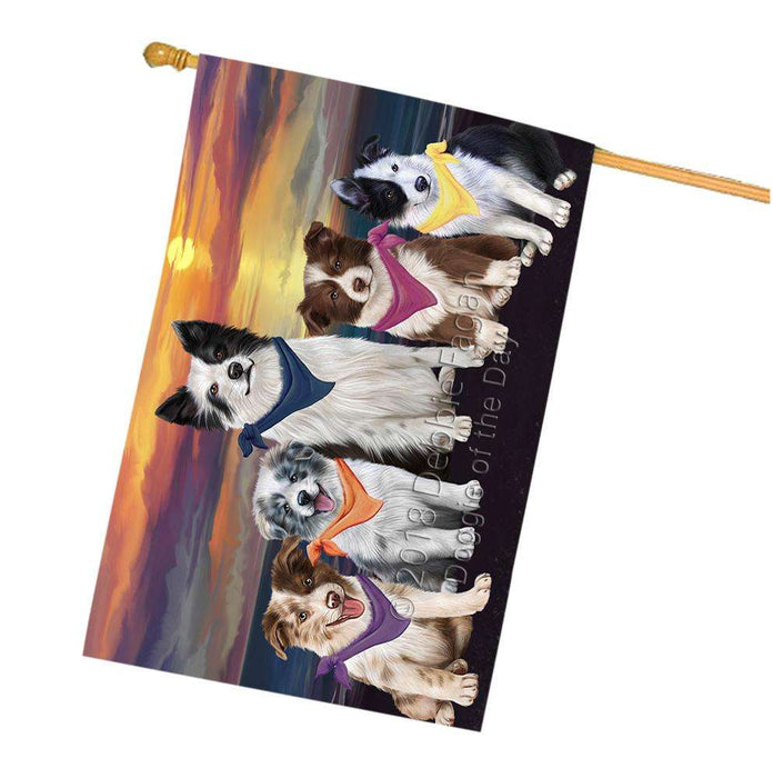 Family Sunset Portrait Border Collies Dog House Flag FLG50256