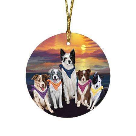 Family Sunset Portrait Border Collies Dog Round Flat Christmas Ornament RFPOR50224