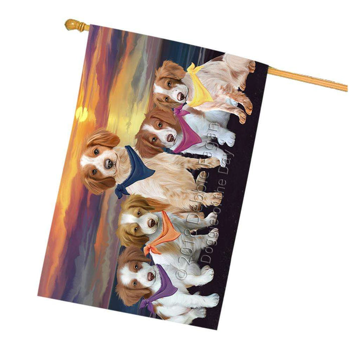 Family Sunset Portrait Brittany Spaniels Dog House Flag FLG50259