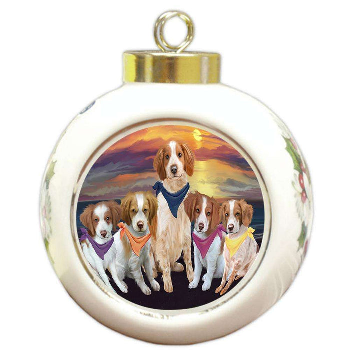 Family Sunset Portrait Brittany Spaniels Dog Round Ball Christmas Ornament RBPOR50236