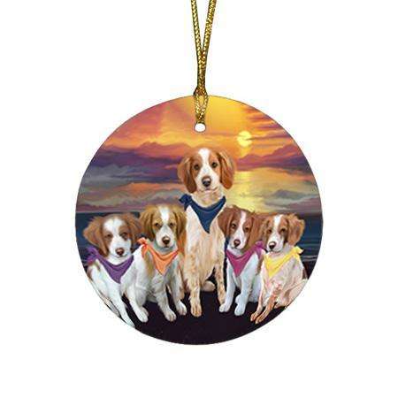 Family Sunset Portrait Brittany Spaniels Dog Round Flat Christmas Ornament RFPOR50227