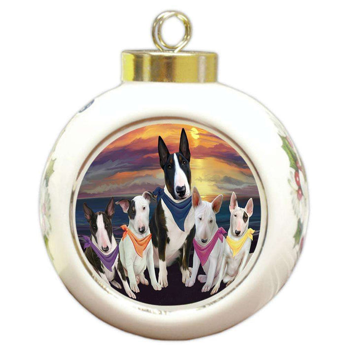 Family Sunset Portrait Bull Terriers Dog Round Ball Christmas Ornament RBPOR50237