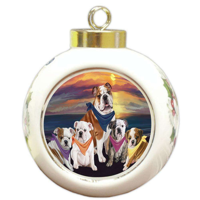 Family Sunset Portrait Bulldogs Round Ball Christmas Ornament RBPOR50238