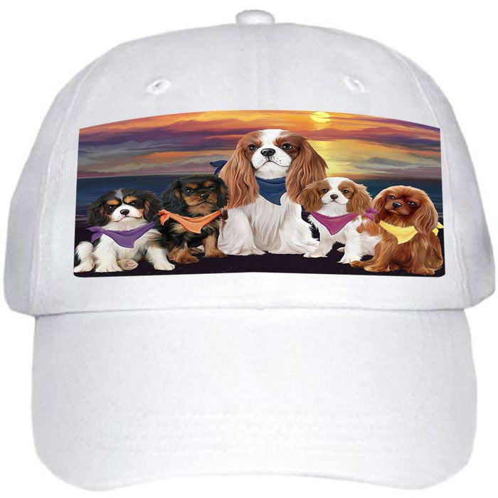 Family Sunset Portrait Cavalier King Charles Spaniels Dog Ball Hat Cap HAT54474