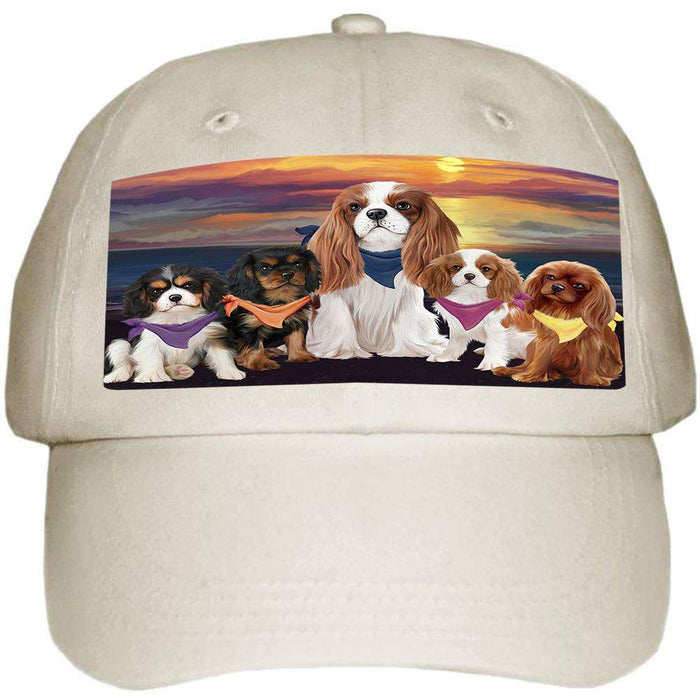 Family Sunset Portrait Cavalier King Charles Spaniels Dog Ball Hat Cap HAT54474