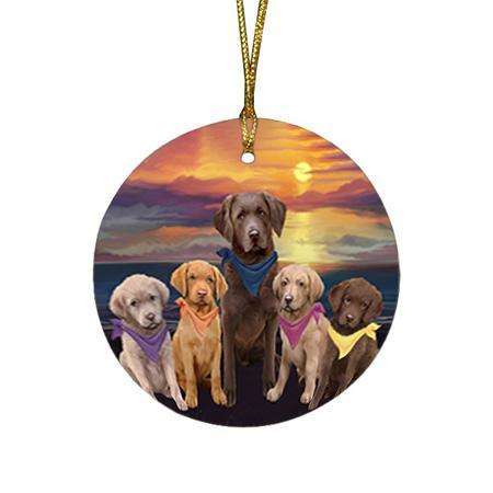 Family Sunset Portrait Chesapeake Bay Retrievers Dog Round Flat Christmas Ornament RFPOR50233