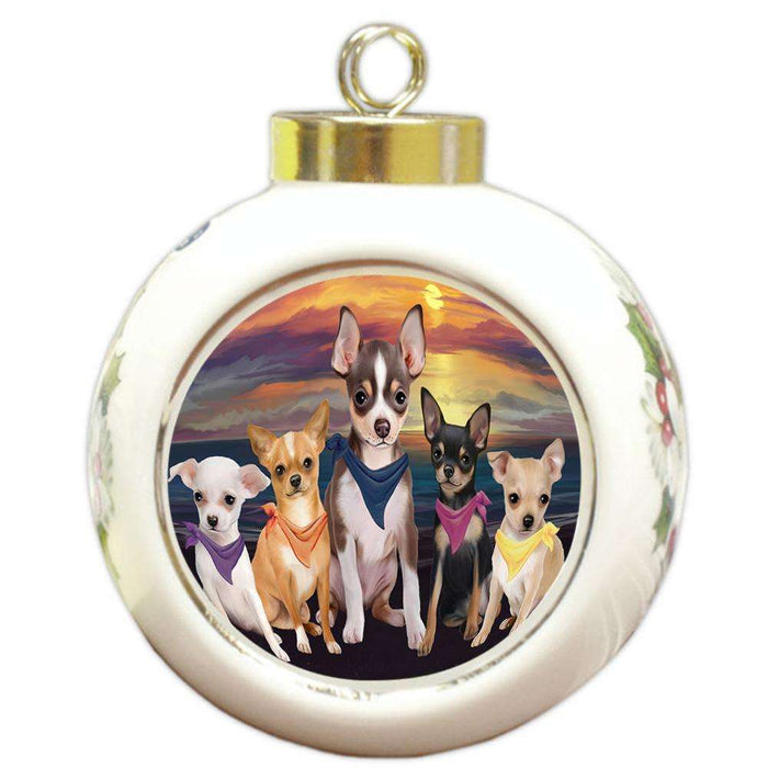 Family Sunset Portrait Chihuahuas Dog Round Ball Christmas Ornament RBPOR50243