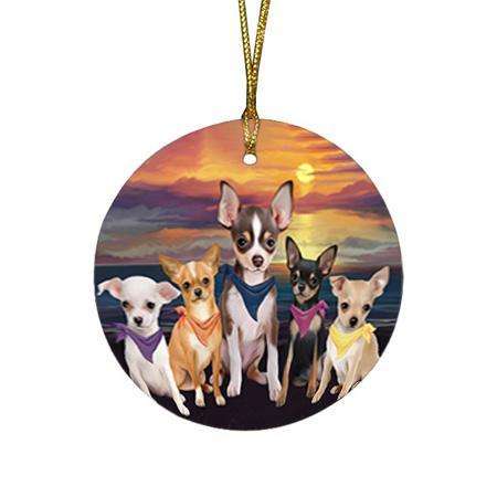 Family Sunset Portrait Chihuahuas Dog Round Flat Christmas Ornament RFPOR50234