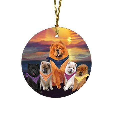 Family Sunset Portrait Chow Chows Dog Round Flat Christmas Ornament RFPOR50235
