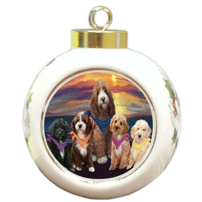 Family Sunset Portrait Cockapoos Dog Round Ball Christmas Ornament RBPOR52483