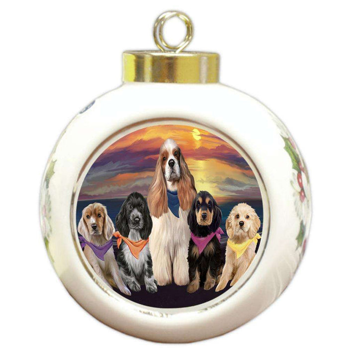 Family Sunset Portrait Cocker Spaniels Dog Round Ball Christmas Ornament RBPOR52484