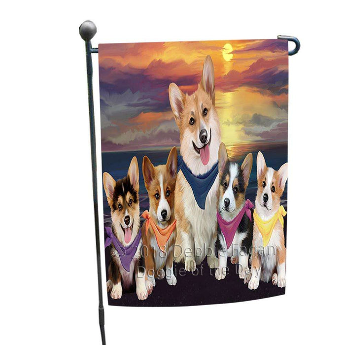 Family Sunset Portrait Corgis Dog Garden Flag GFLG50132