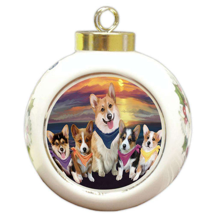 Family Sunset Portrait Corgis Dog Round Ball Christmas Ornament RBPOR50245