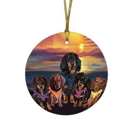 Family Sunset Portrait Dachshunds Dog Round Flat Christmas Ornament RFPOR50237