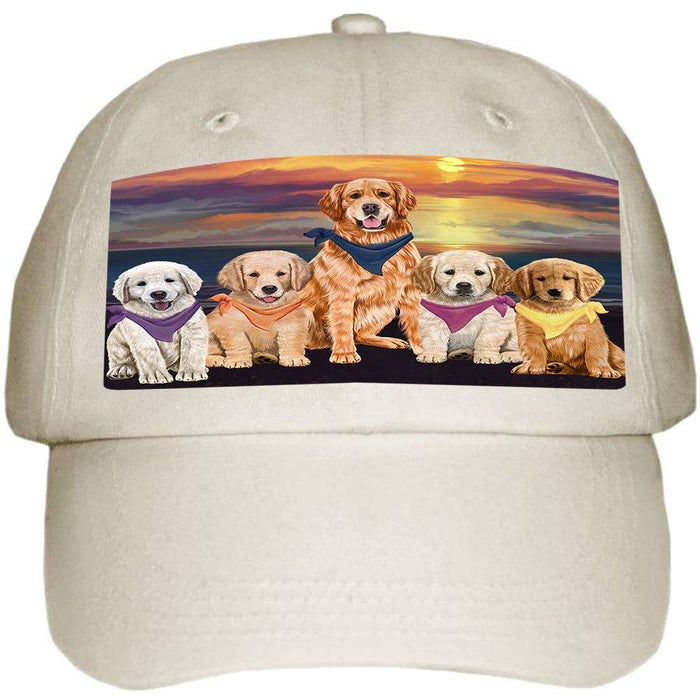 Family Sunset Portrait Golden Retrievers Dog Ball Hat Cap HAT54504