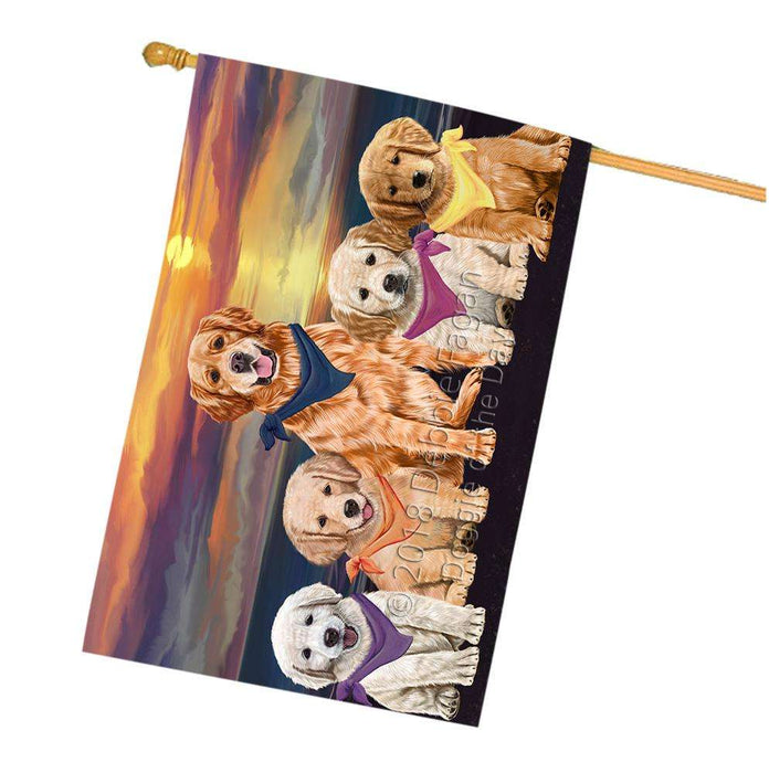 Family Sunset Portrait Golden Retrievers Dog House Flag FLG50274