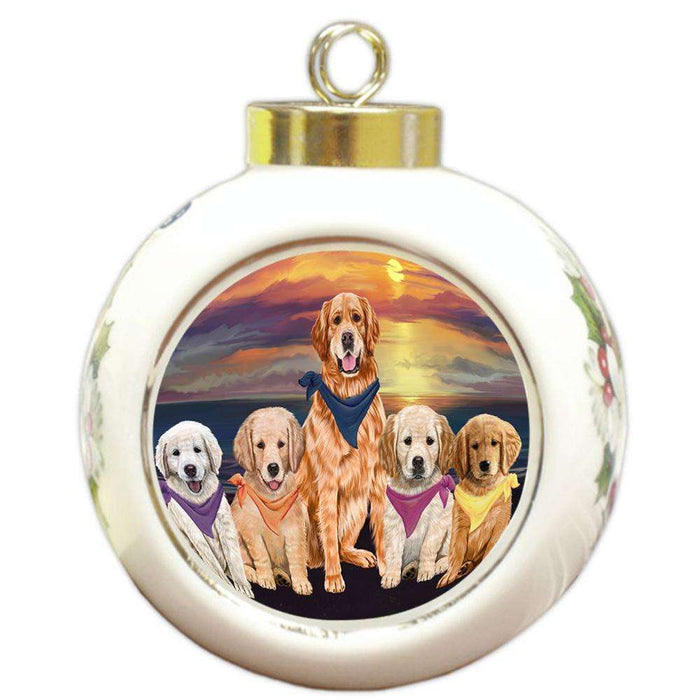 Family Sunset Portrait Golden Retrievers Dog Round Ball Christmas Ornament RBPOR50251