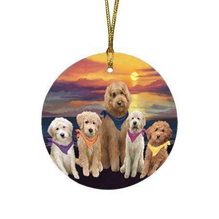 Family Sunset Portrait Goldendoodles Dog Round Flat Christmas Ornament RFPOR52476