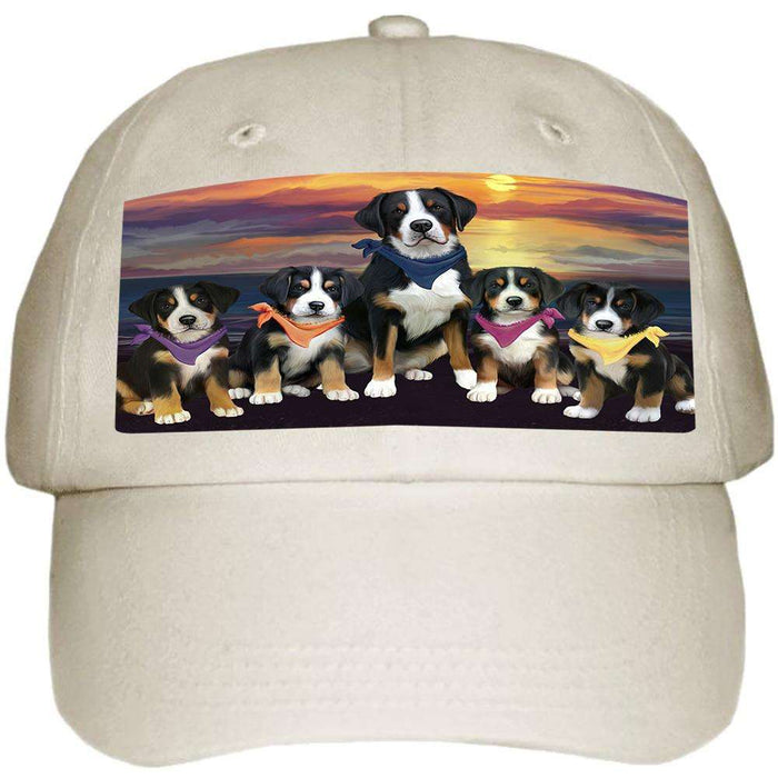 Family Sunset Portrait Greater Swiss Mountain Dogs Ball Hat Cap HAT61194