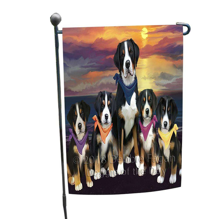 Family Sunset Portrait Greater Swiss Mountain Dogs Garden Flag GFLG52432