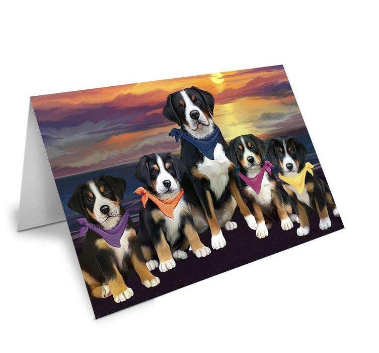 Family Sunset Portrait Greater Swiss Mountain Dogs Handmade Artwork Assorted Pets Greeting Cards and Note Cards with Envelopes for All Occasions and Holiday Seasons GCD61490