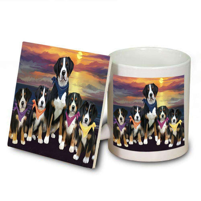 Family Sunset Portrait Greater Swiss Mountain Dogs Mug and Coaster Set MUC52479