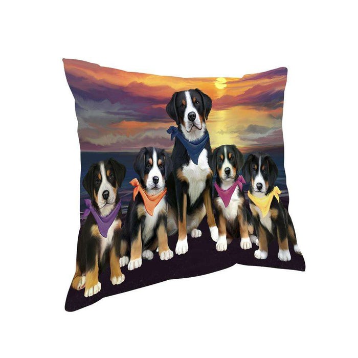 Family Sunset Portrait Greater Swiss Mountain Dogs Pillow PIL66104
