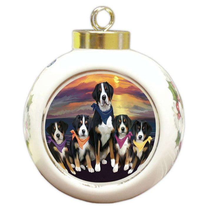 Family Sunset Portrait Greater Swiss Mountain Dogs Round Ball Christmas Ornament RBPOR52487