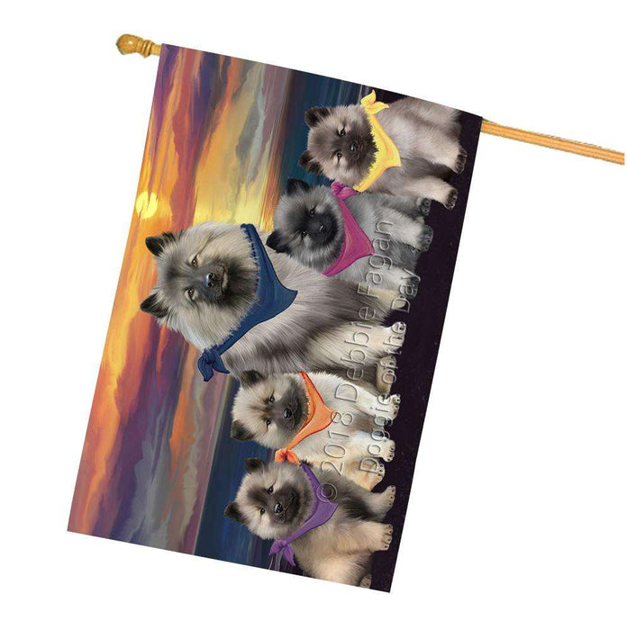 Family Sunset Portrait Keeshonds Dog House Flag FLG52570