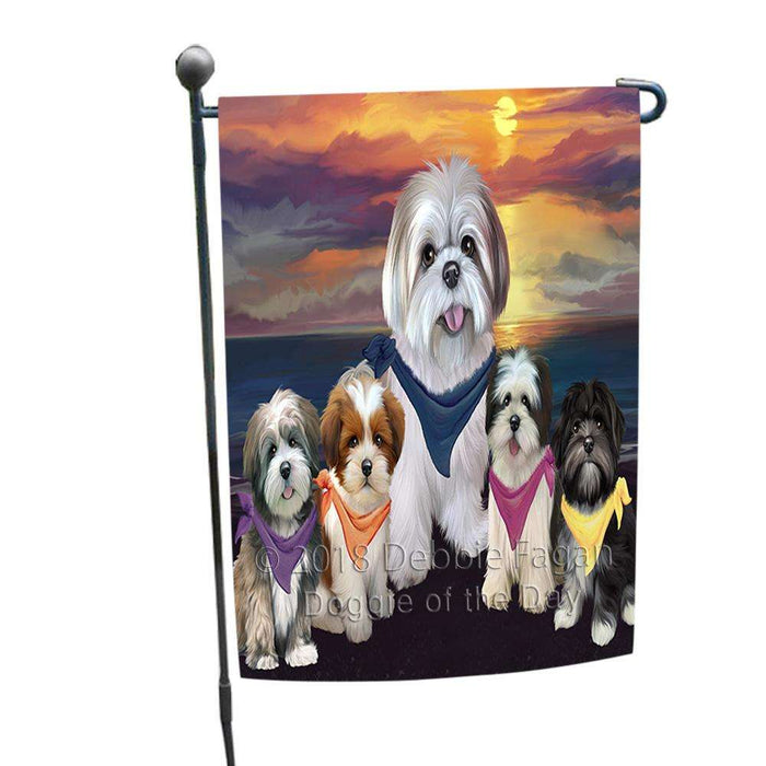 Family Sunset Portrait Lhasa Apsos Dog Garden Flag GFLG50143