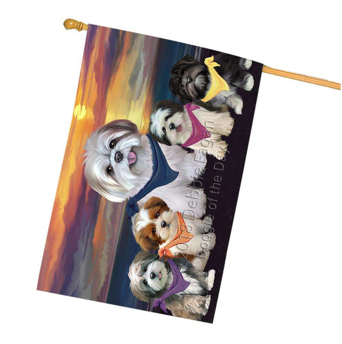 Family Sunset Portrait Lhasa Apsos Dog House Flag FLG50279