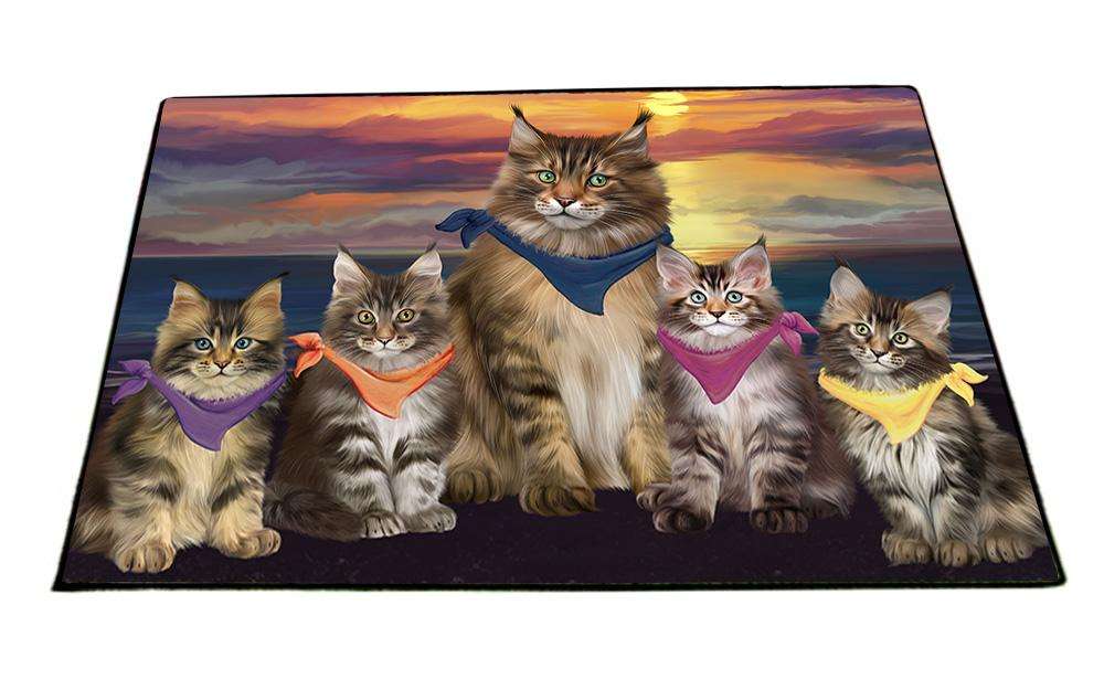 Family Sunset Portrait Maine Coon Cats Floormat FLMS51759